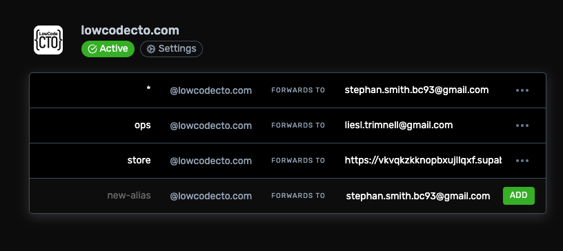 ImprovMX alias routing — store@lowcodecto.com forwarding to a Supabase webhook URL