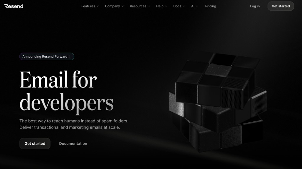 Resend homepage — Email for developers, with a spinning black 3D Rubik's cube hero visual